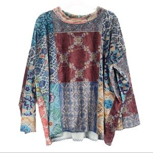 JOHNNY WAS Fleece Mock Neck Patchwork Sweater L